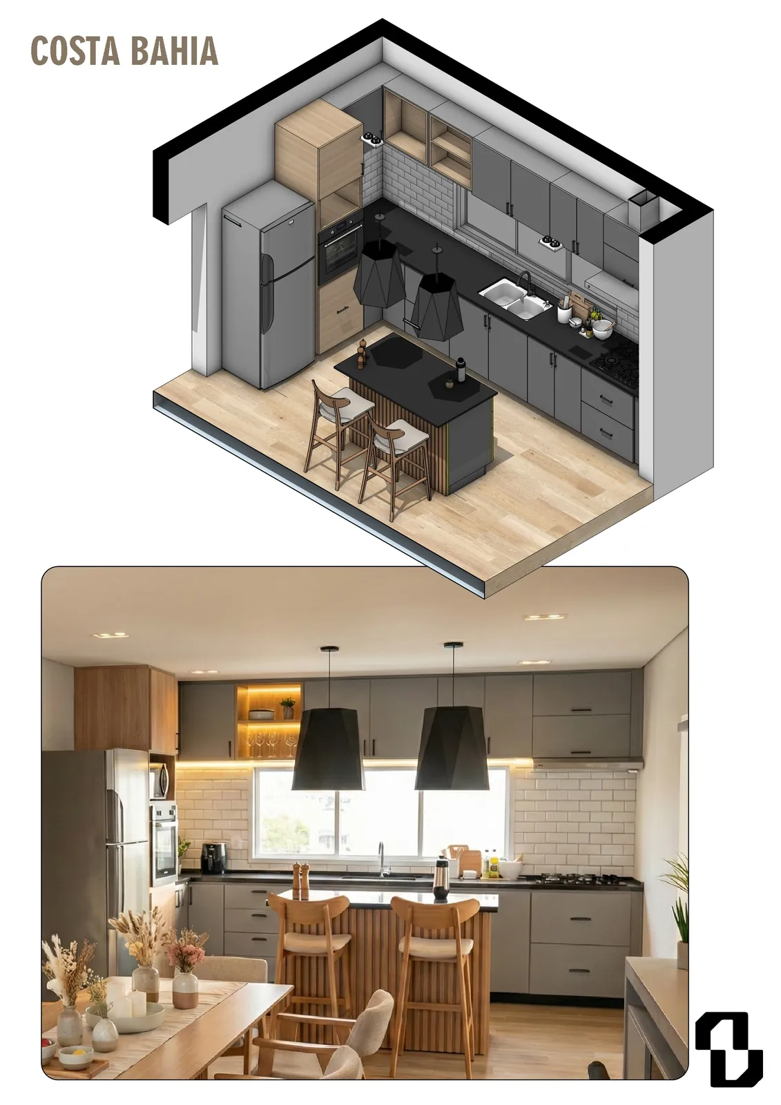 Cocina con isla y banquetas, alacenas grises y madera