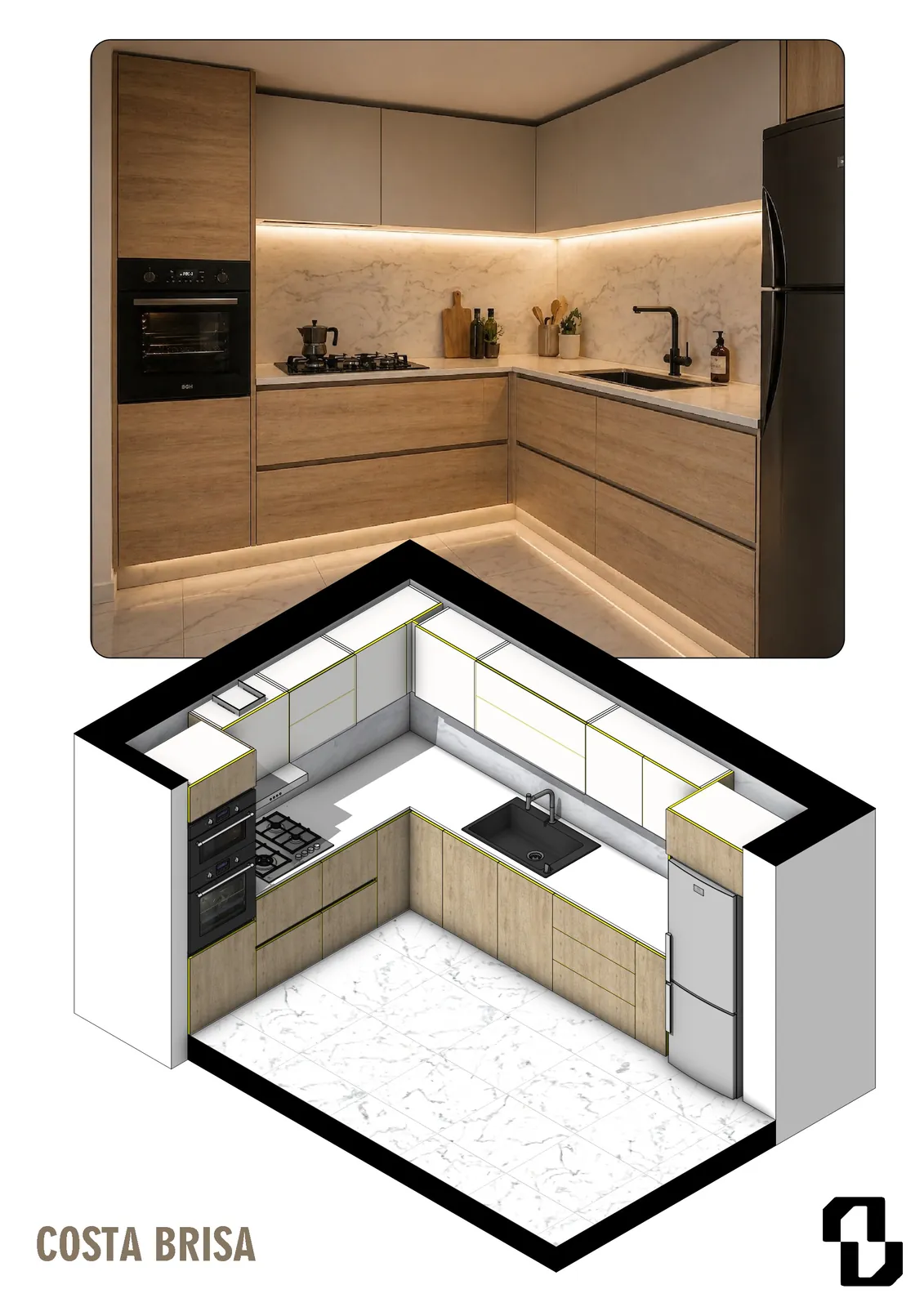 Cocina en L con muebles de madera clara y luz bajo alacena