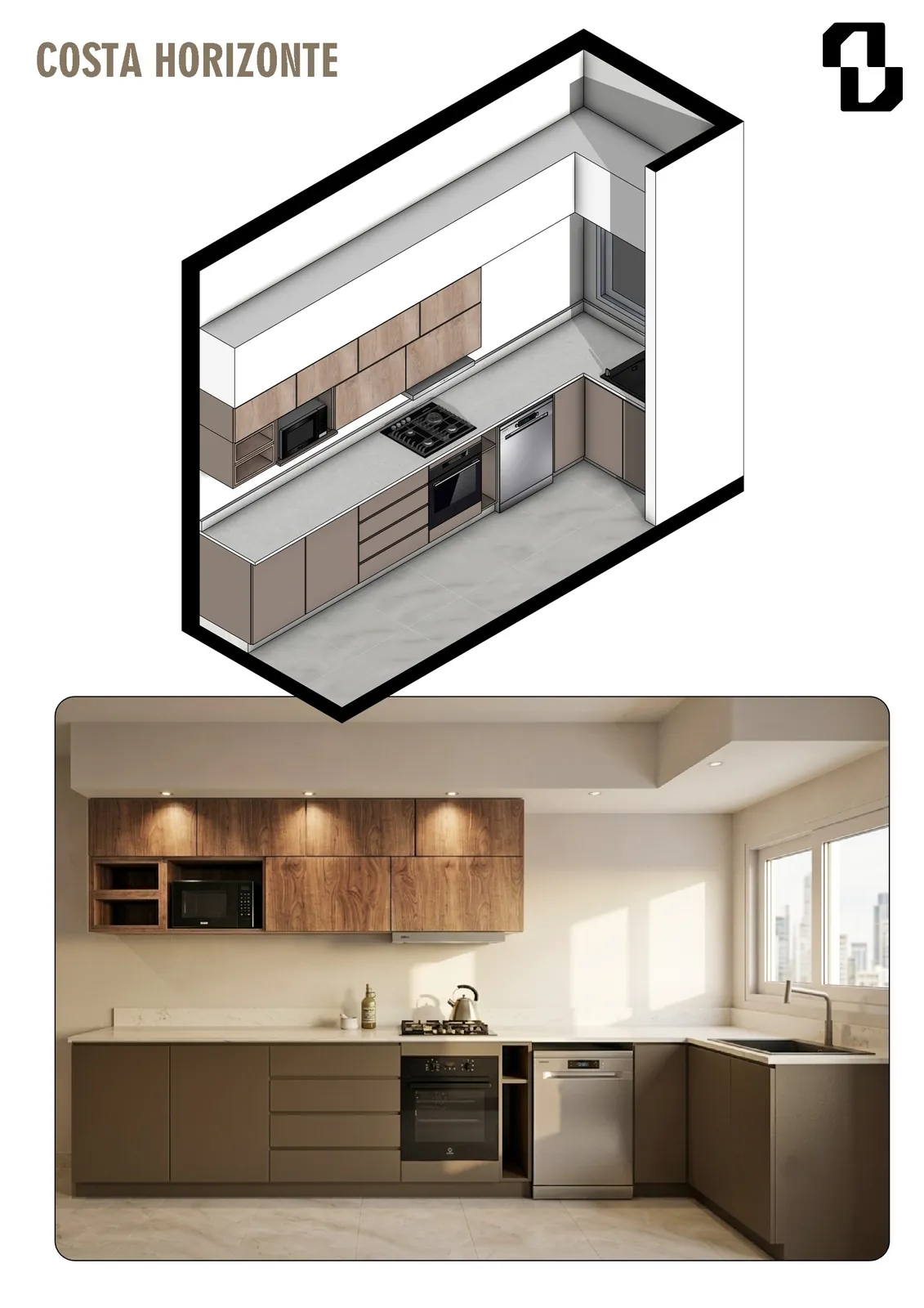Cocina con columna de hornos, madera y gris