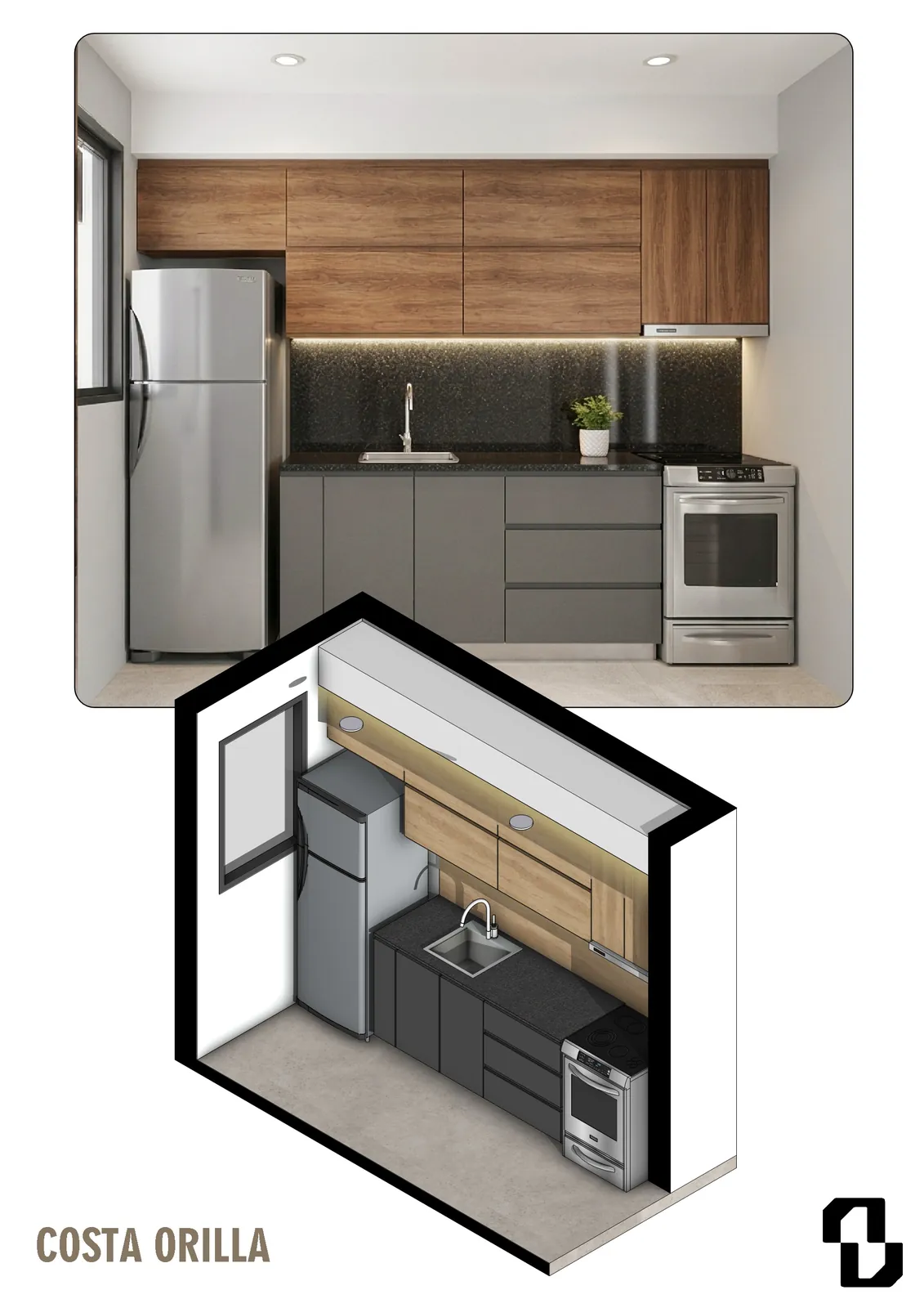 Cocina compacta en línea con alacenas de madera y gris