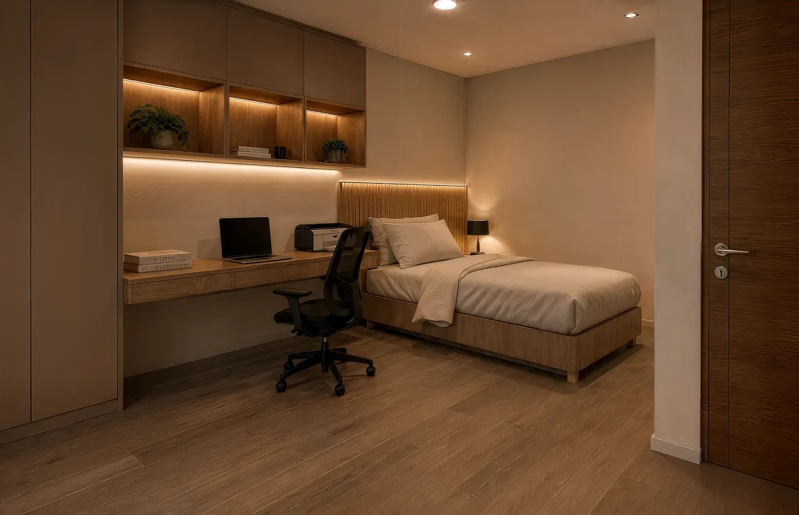 Dormitorio con escritorio y estantes iluminados