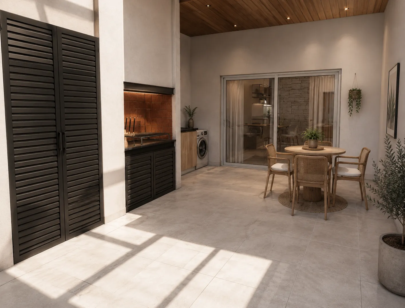Galería con parrilla y comedor exterior