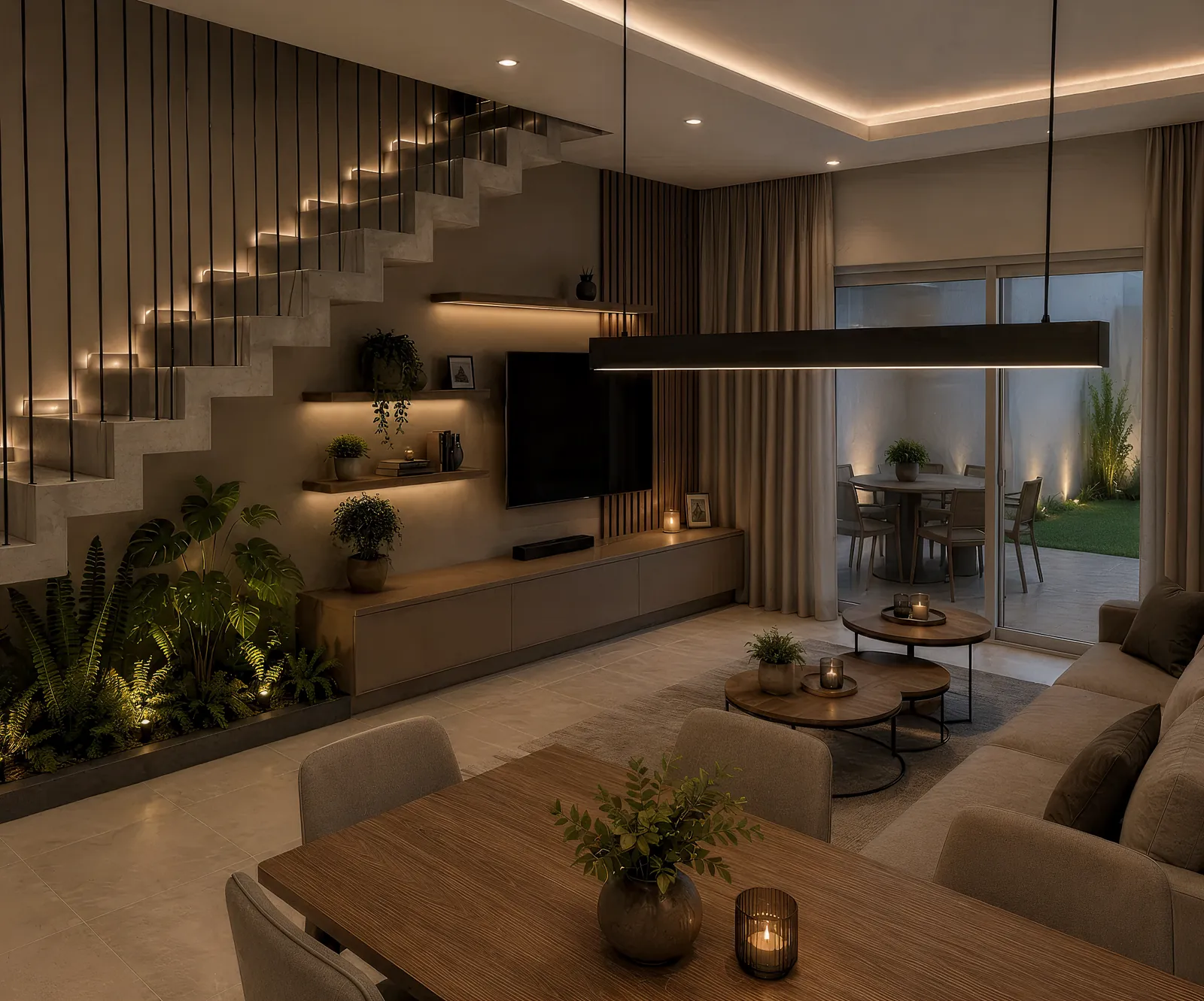 Render del living con escalera iluminada y cocina integrada de una casa en Crespo