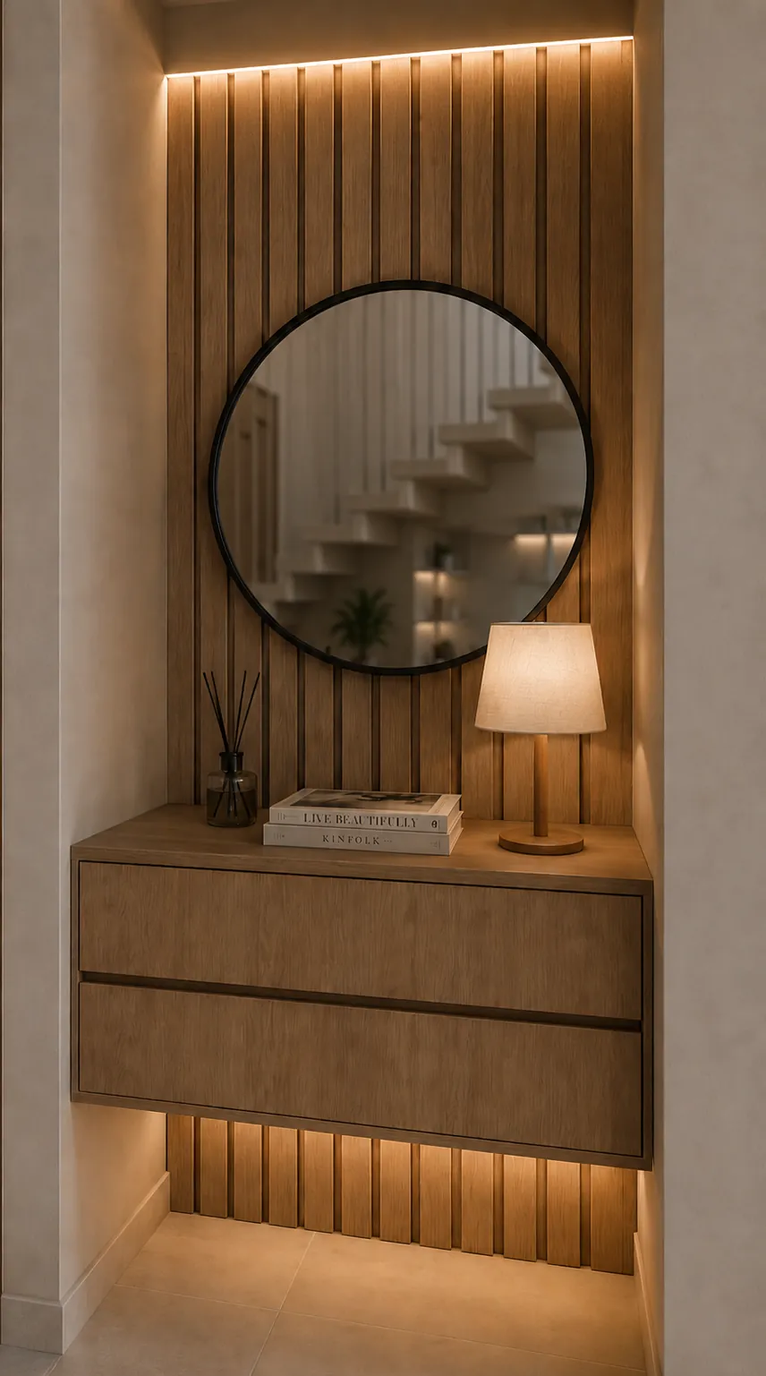 Recibidor con espejo redondo y mueble flotante