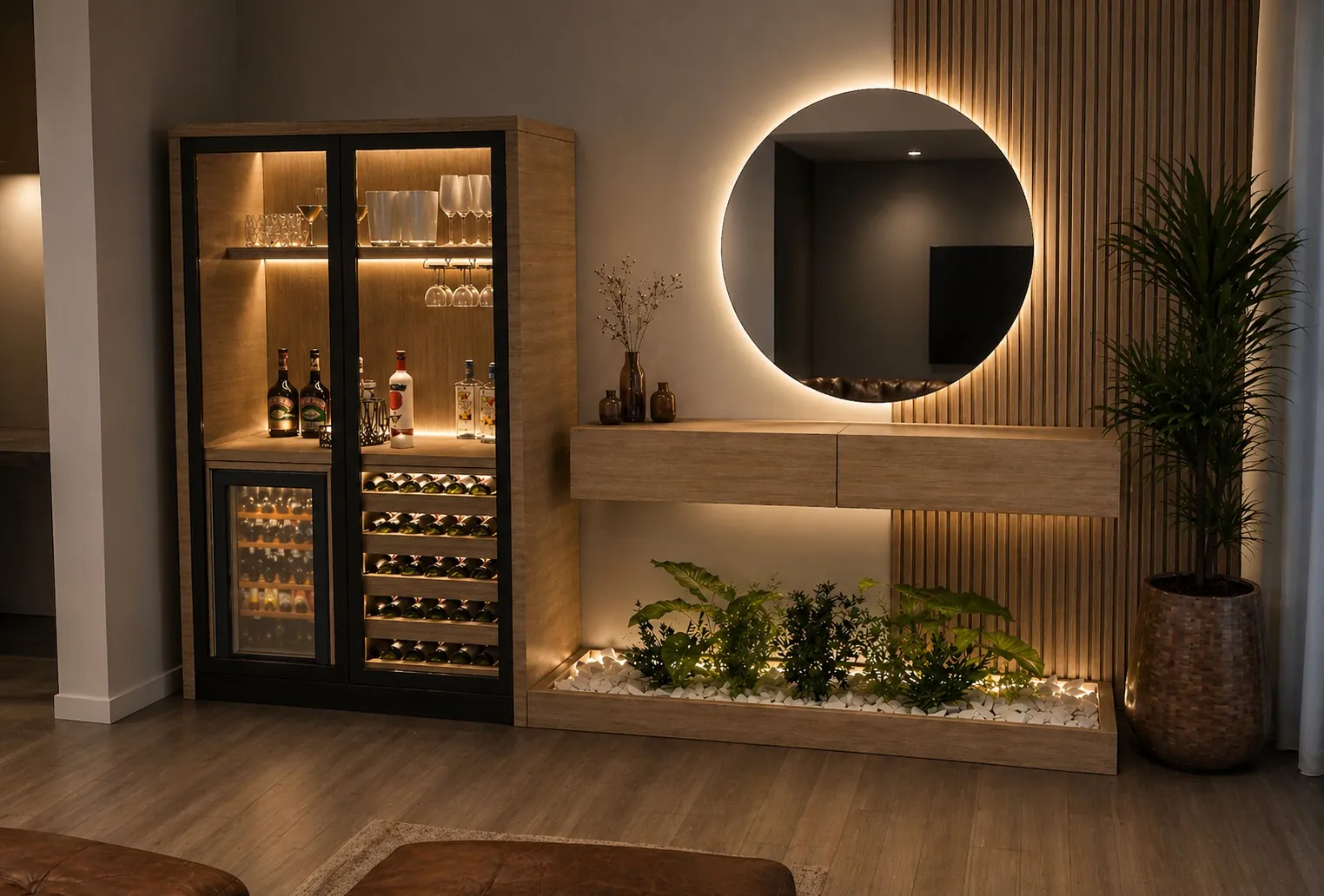Mueble bar con cava y espejo iluminado
