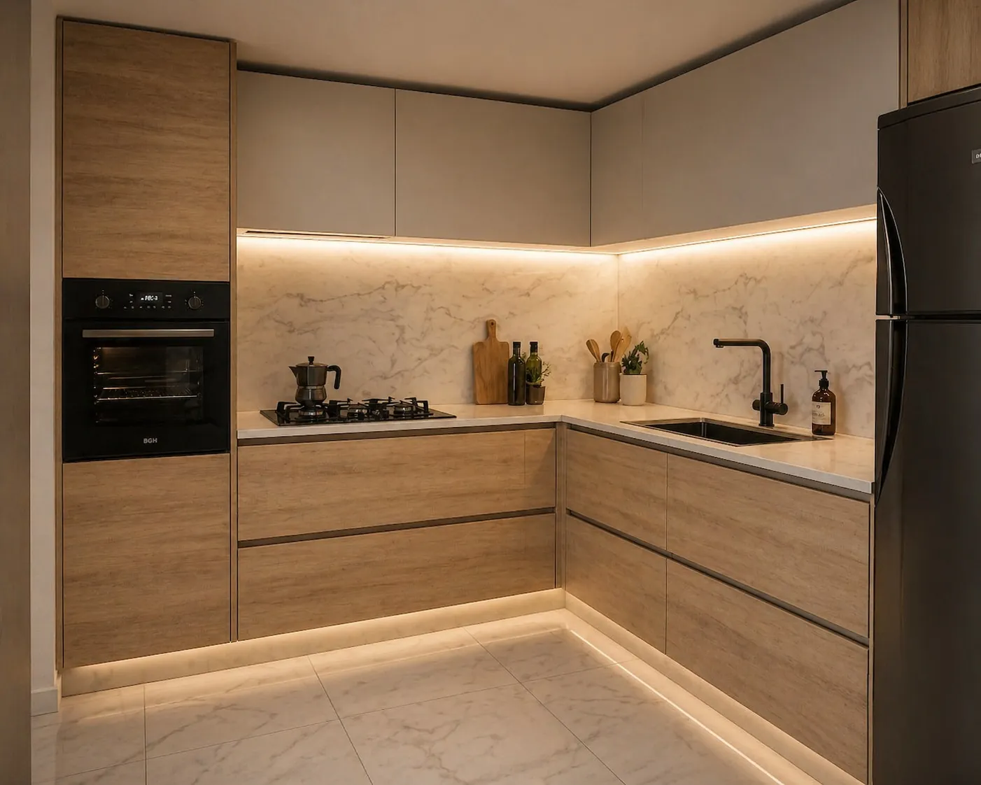 Render de cocina en L con muebles de madera y luz bajo alacenas