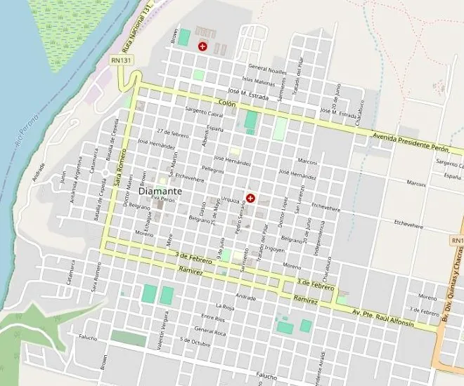 Mapa del centro de Diamante con la ubicación del estudio sobre calle Etchevehere