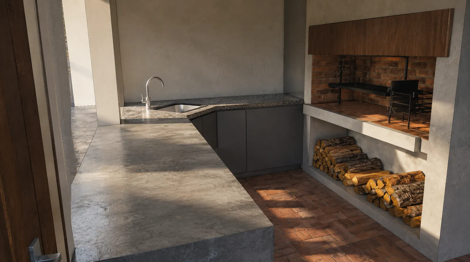 Interior con parrilla y leñero