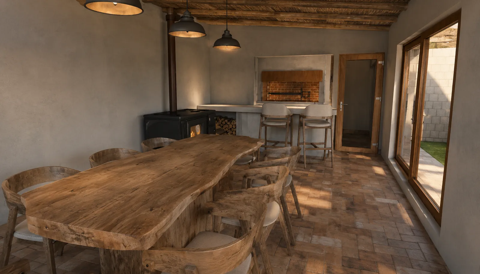 Mesa larga de madera junto a la ventana