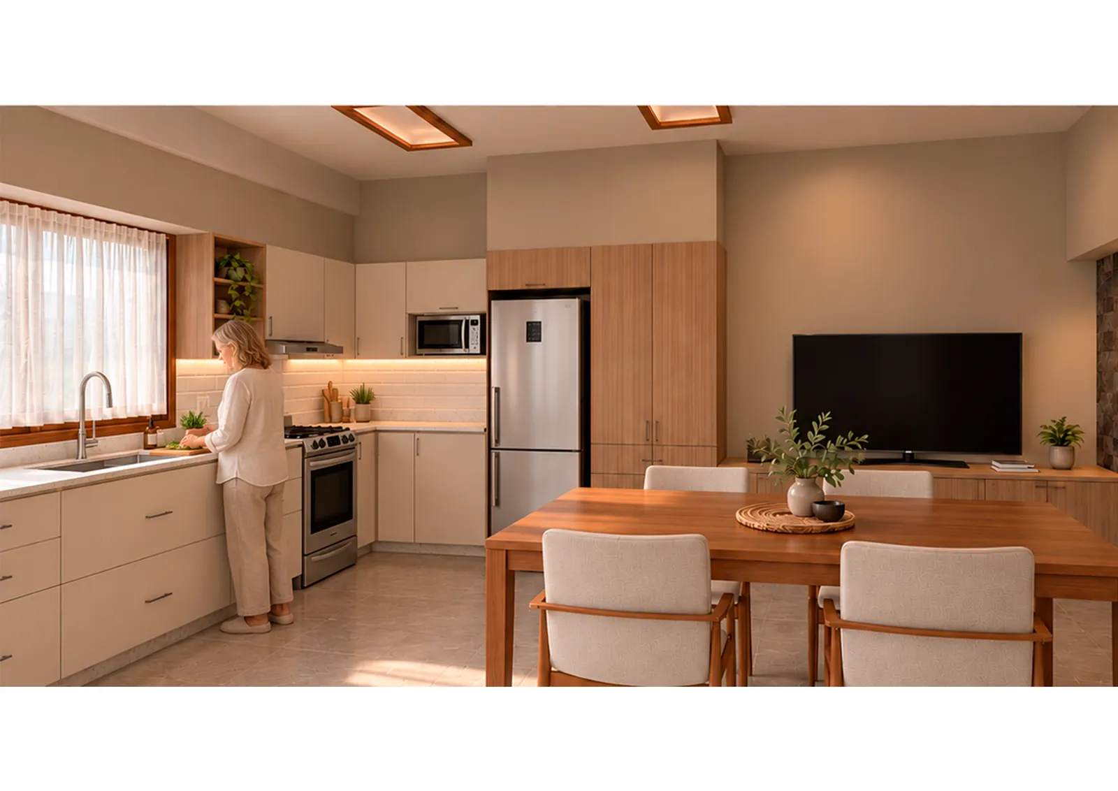 Render de la cocina reformada con muebles blancos y mesa de madera