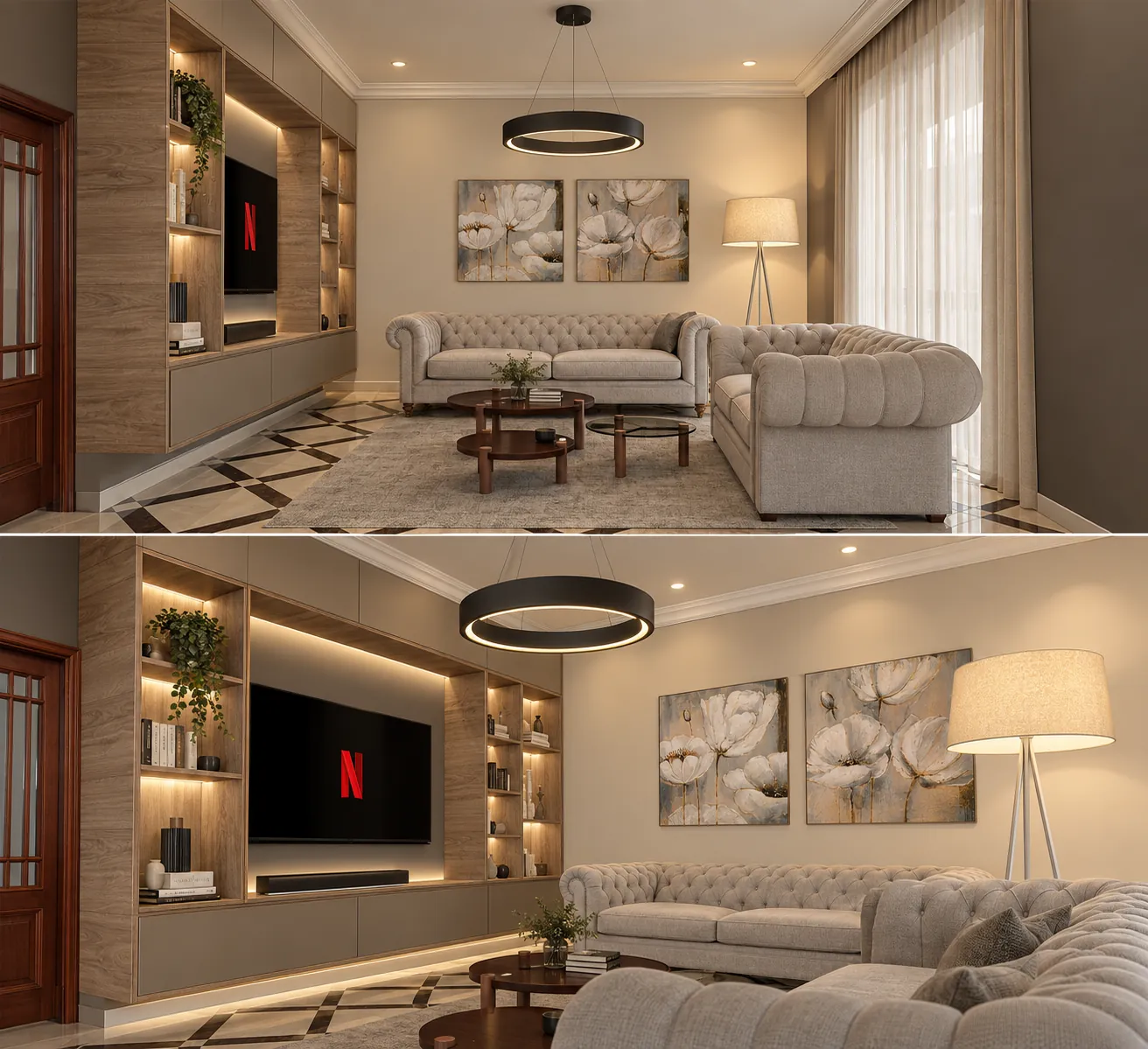Living con mueble de TV iluminado y sillones
