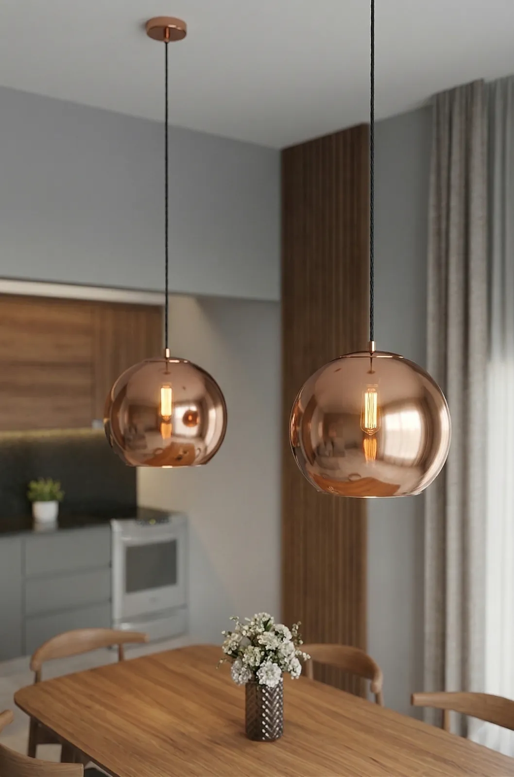 Render de detalle de lámparas de cobre sobre una mesa