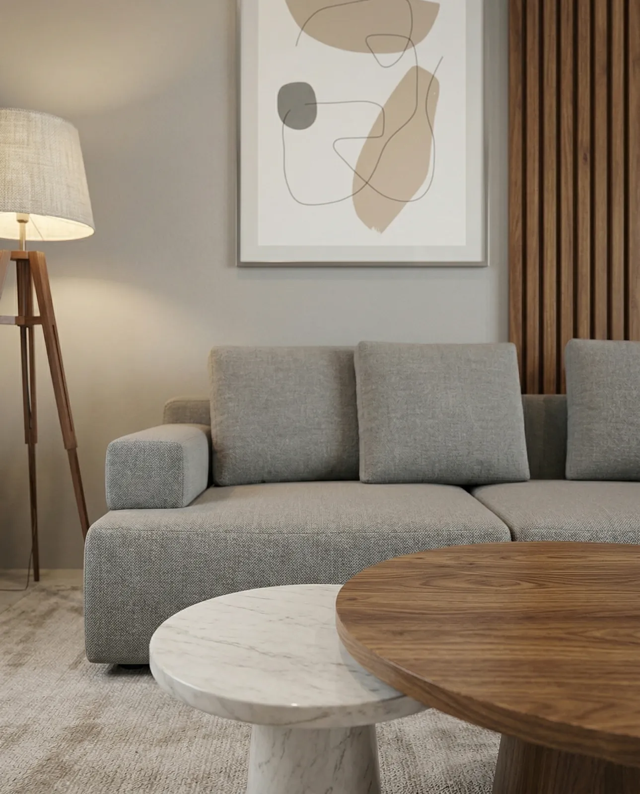 Render de detalle de una mesa redonda de madera con sillón