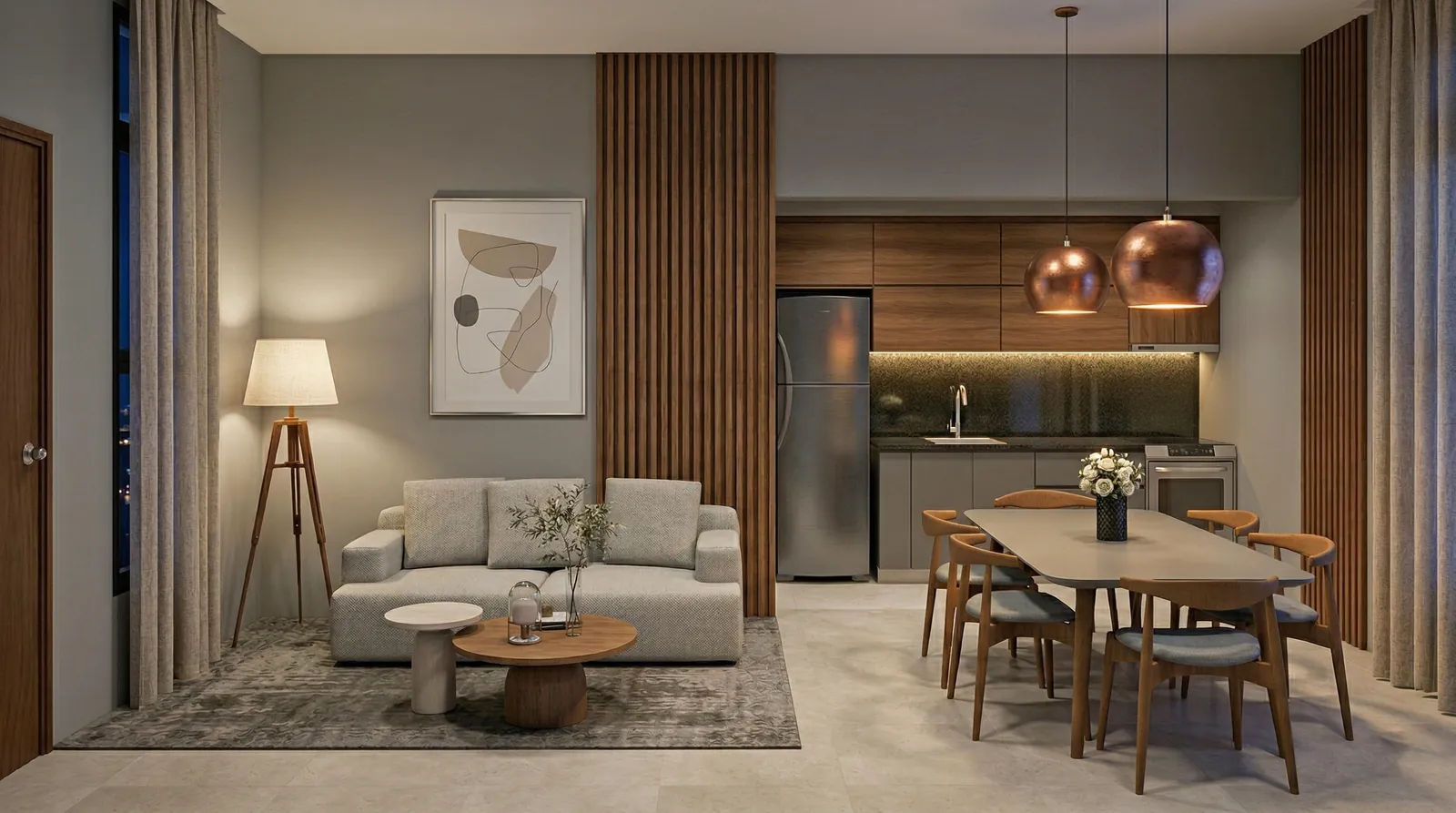 Render fotorrealista de estar, comedor y cocina integrados