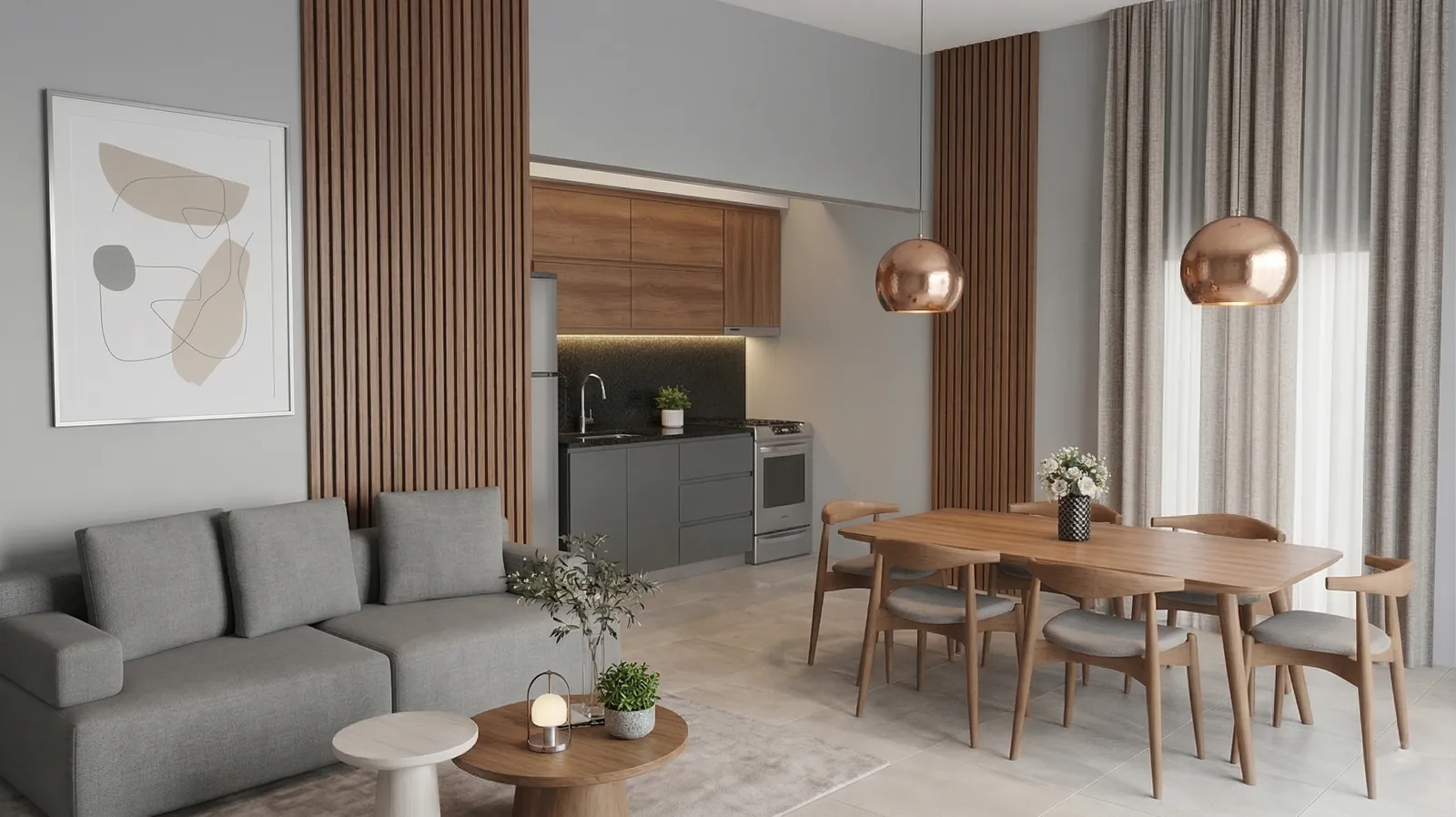 Estar-comedor con listones de madera