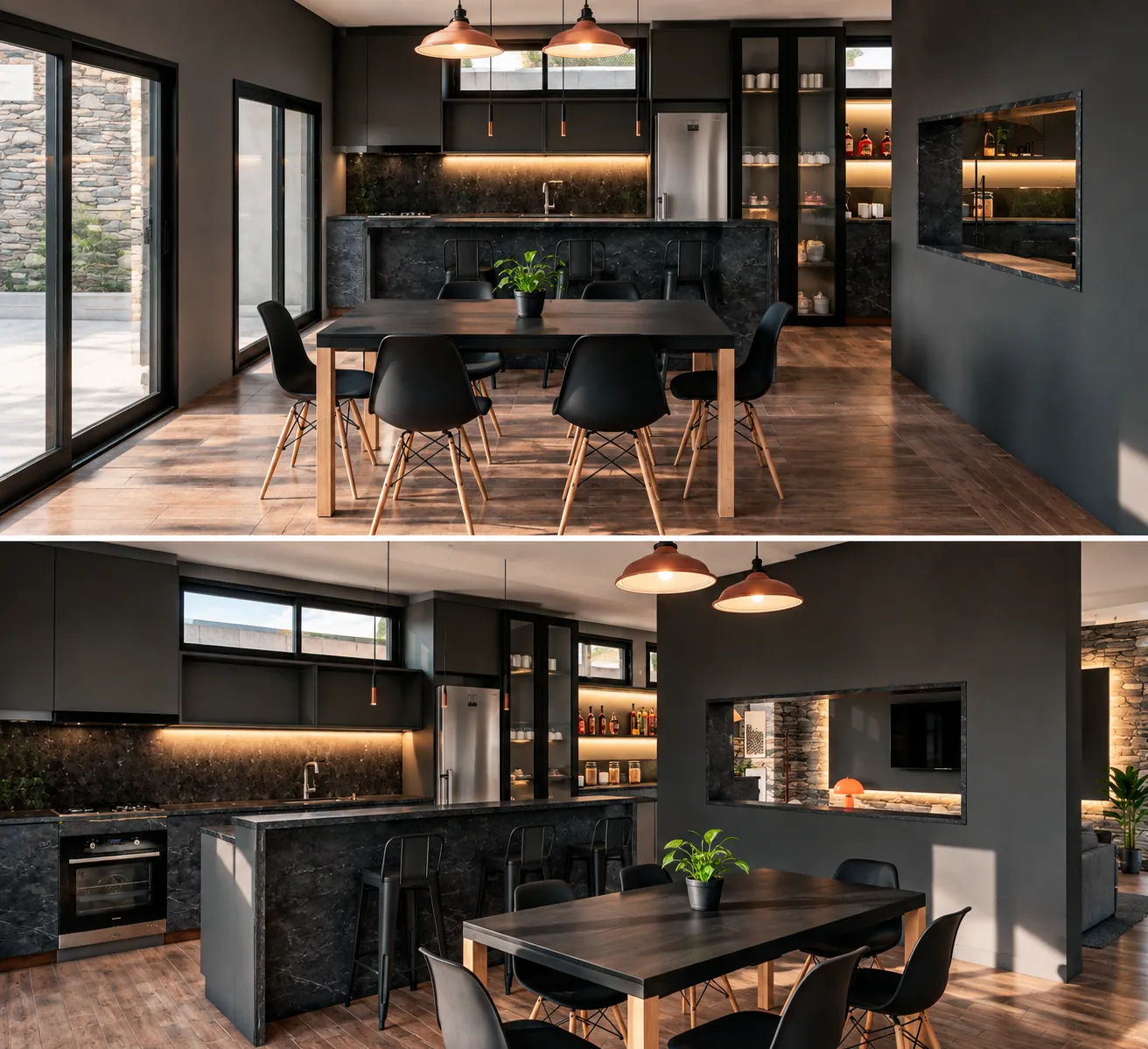 Cocina-comedor con isla y revestimiento de piedra