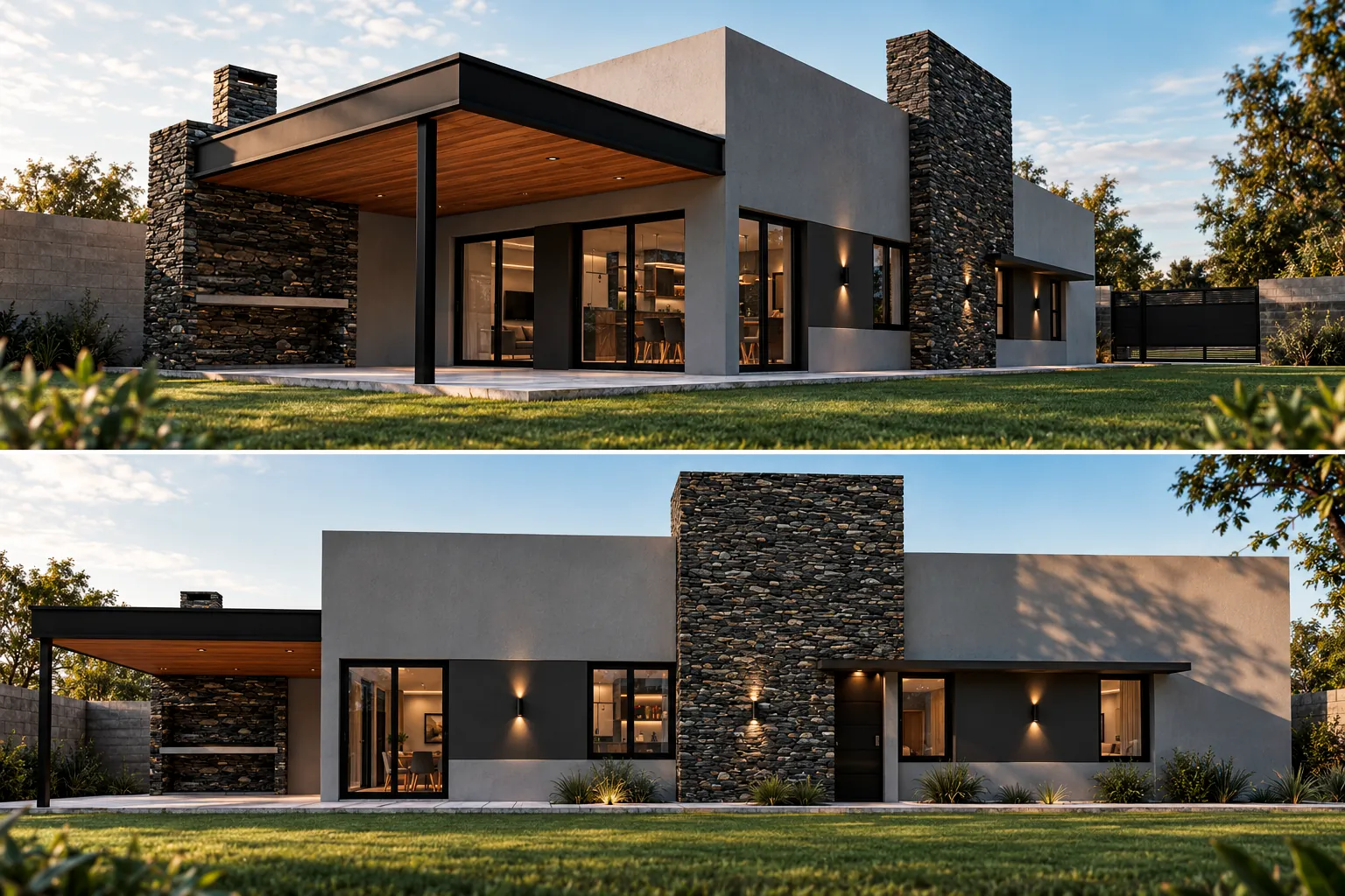 Render exterior de una vivienda con volumen de lajas oscuras y galería